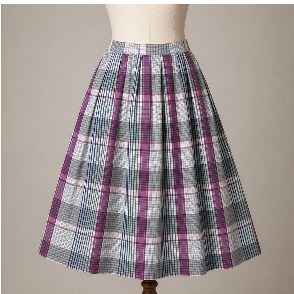 Vintage 80s Ariella Plaid Midi Skirt 16 Made in Ireland Pleated Preppy Purple